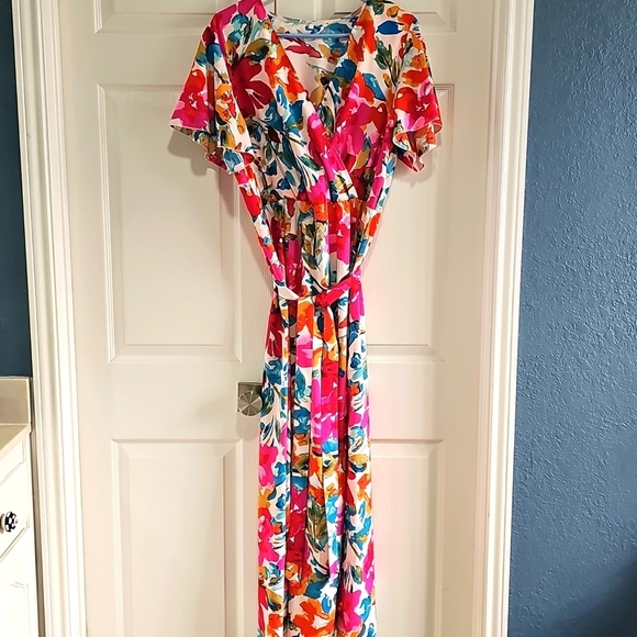 New CCTOO Colorful V Neck Short Sleeve Flowy Maxi Dress w Side Slit & Belt XL - Picture 8 of 14